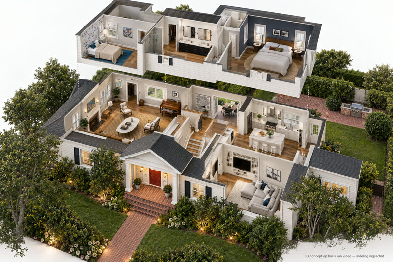 3D cutaway of a furnished two-storey home