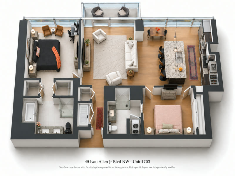 Furnished 3D floorplan of a two-bedroom penthouse