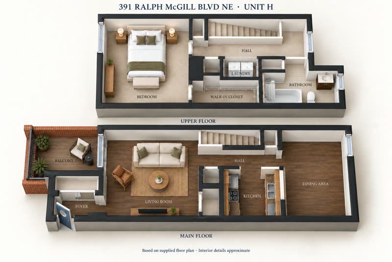 Furnished 3D floorplan of a two-level townhome